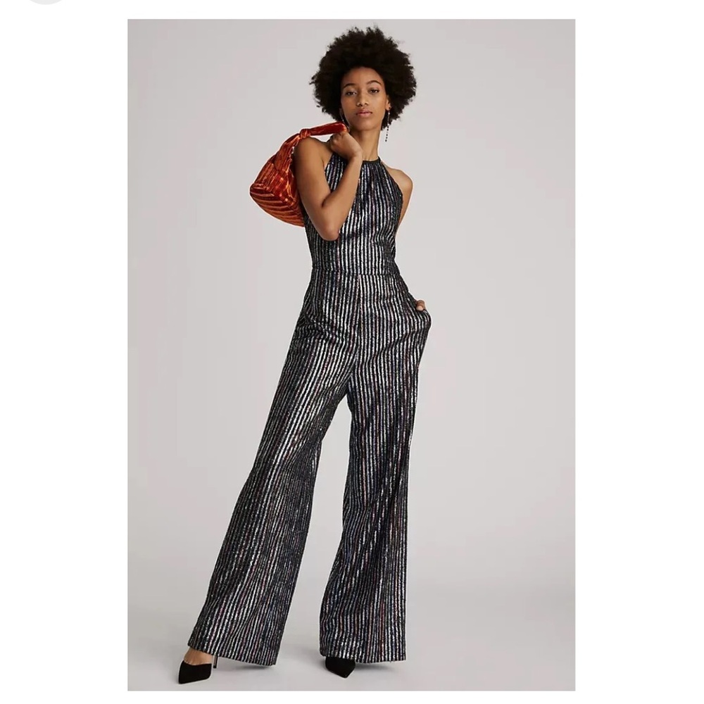 Maeve by Anthropologie Disco Halter Wide Leg Sequin Party Jumpsuit US 4